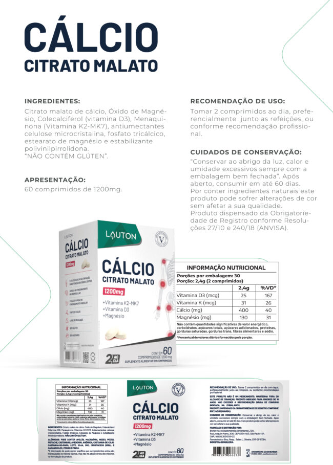 CALCIO CITRATO MALATO 1200mg 60 COMPRIMIDOS LAUTON - Imagem 2